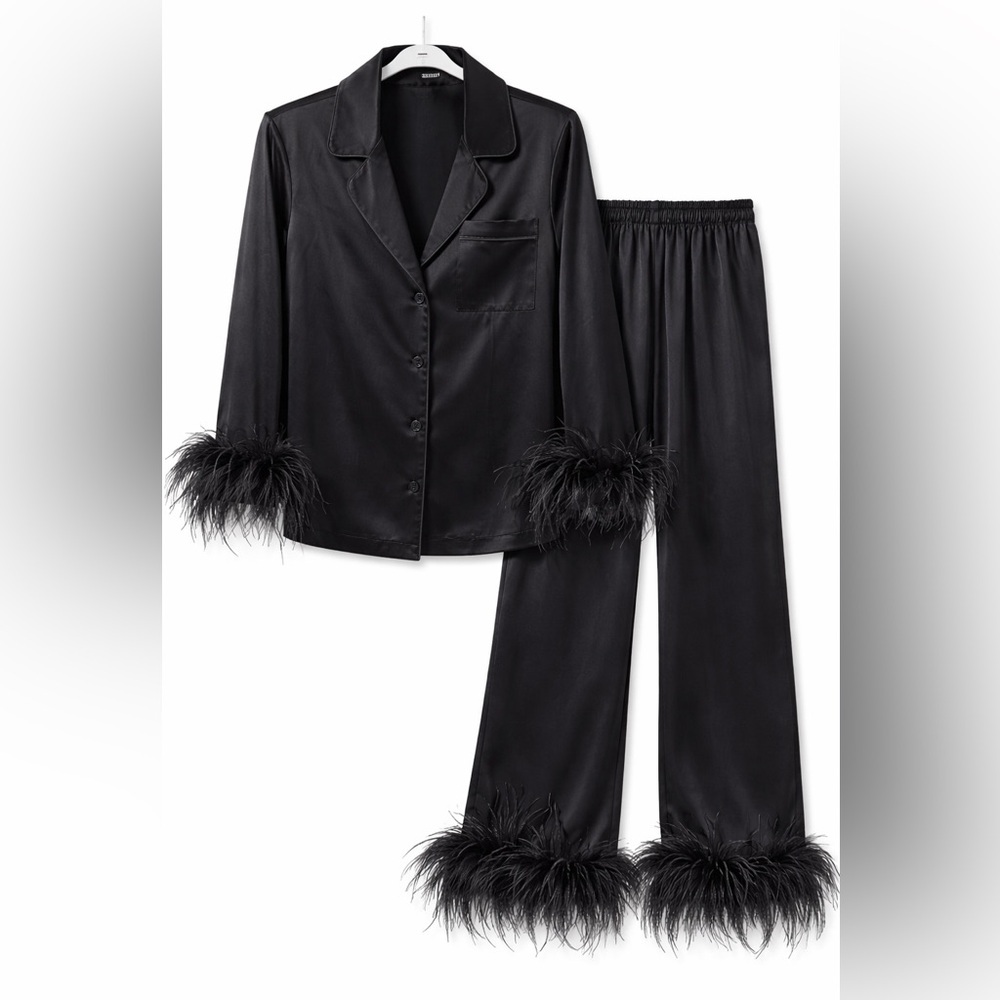 Antonio Melani Black Satin Pajama Set Feather Trim Top & Pants Size S/M Chic - Picture 2 of 4